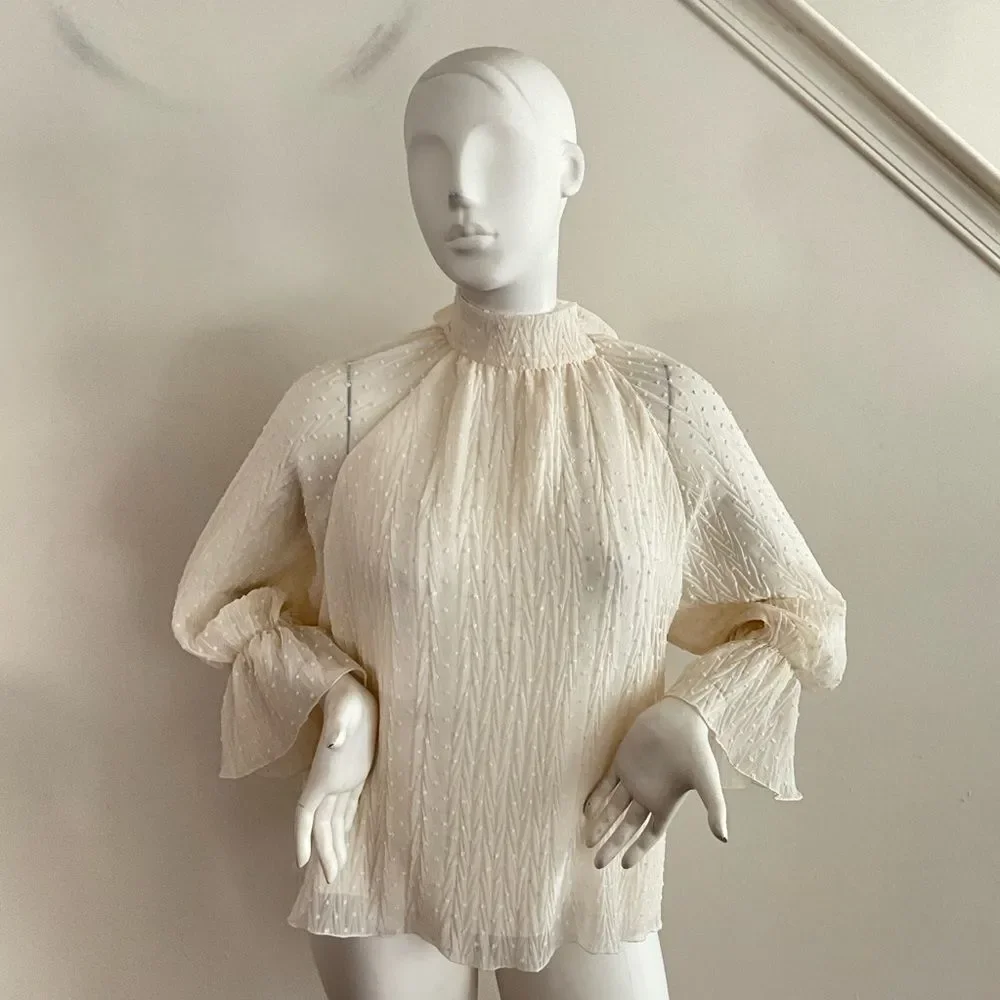 Zara Swiss Dot Medium Sheer Puff Sleeve Blouse Ecru L